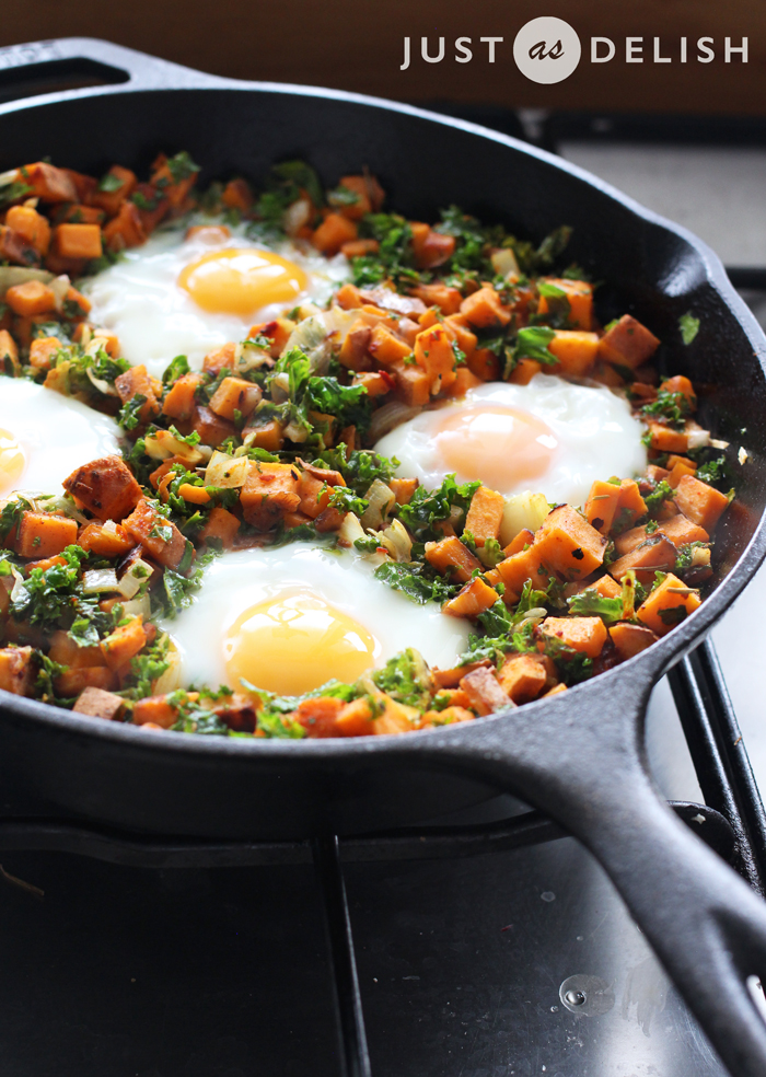 Sautéed Sweet Potato Hash with Spinach and Poached Eggs