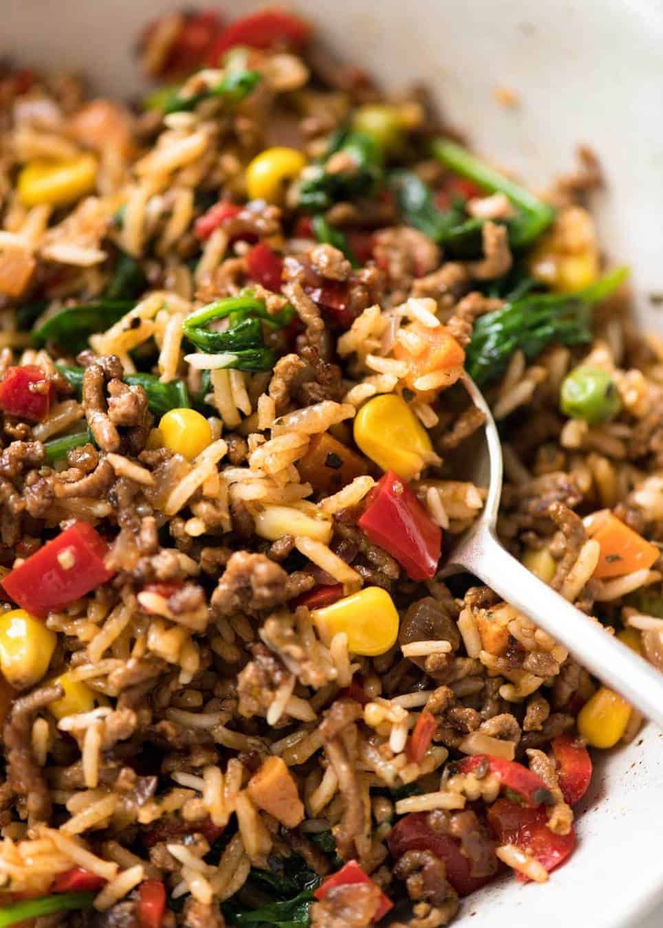 Stovetop Cauliflower Fried Rice with Ground Beef and Vegetables