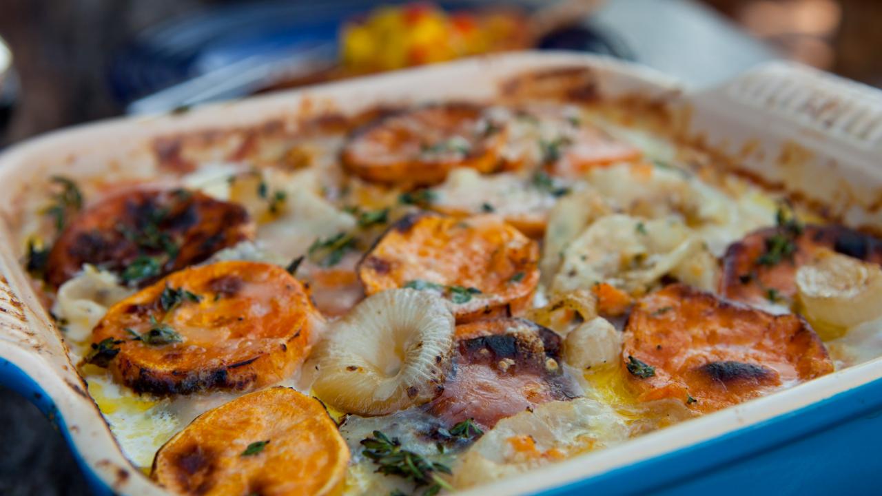 Winterroot Vegetable and Sweet Potato Gratin with Nordic Cheese