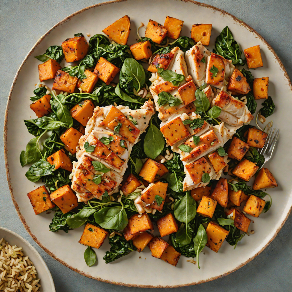 Sautéed Garlic Chicken with Roasted Sweet Potatoes and Spinach