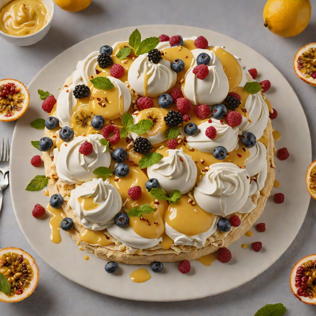 Pavlova with Macadamia-Infused Whipped Cream and Passionfruit Topping