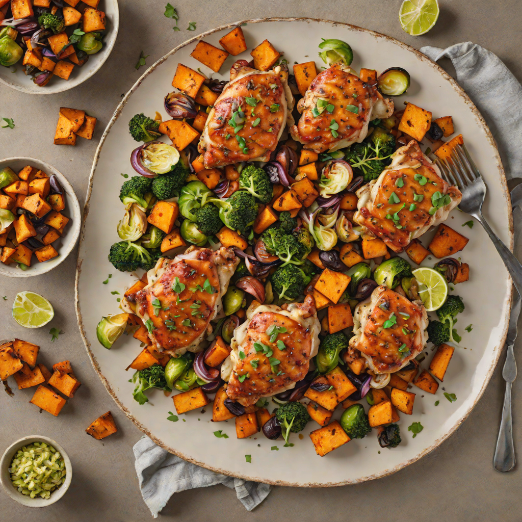 Sautéed Garlic Chicken Thighs with Roasted Sweet Potatoes and Brussels Sprouts
