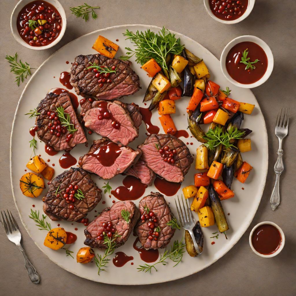 Pan-Fried Kangaroo Steaks with Pepperberry Sauce and Roasted Vegetables