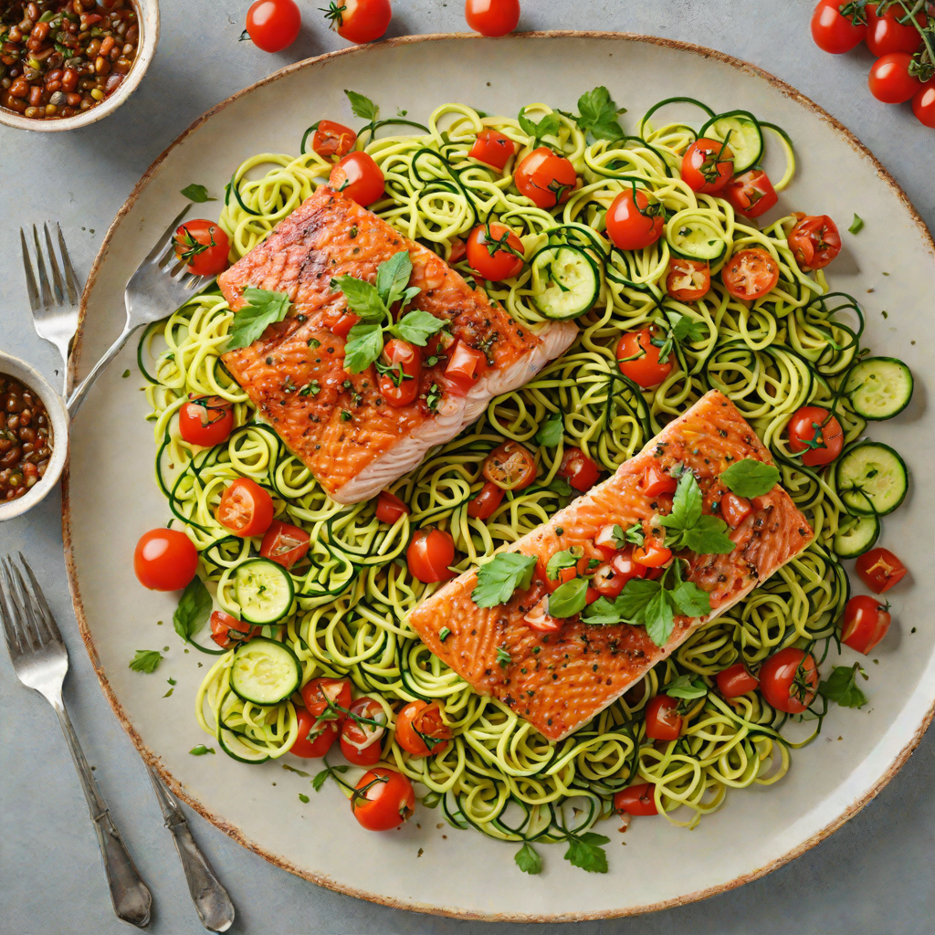 Herb-Roasted Salmon with Zucchini Noodles and Cherry Tomato Salsa