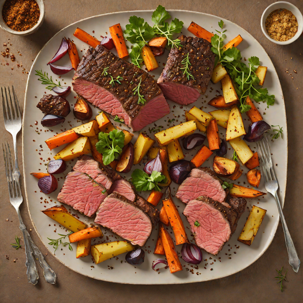Pan-Seared Beef with Regional Spice Rub and Roasted Root Vegetables