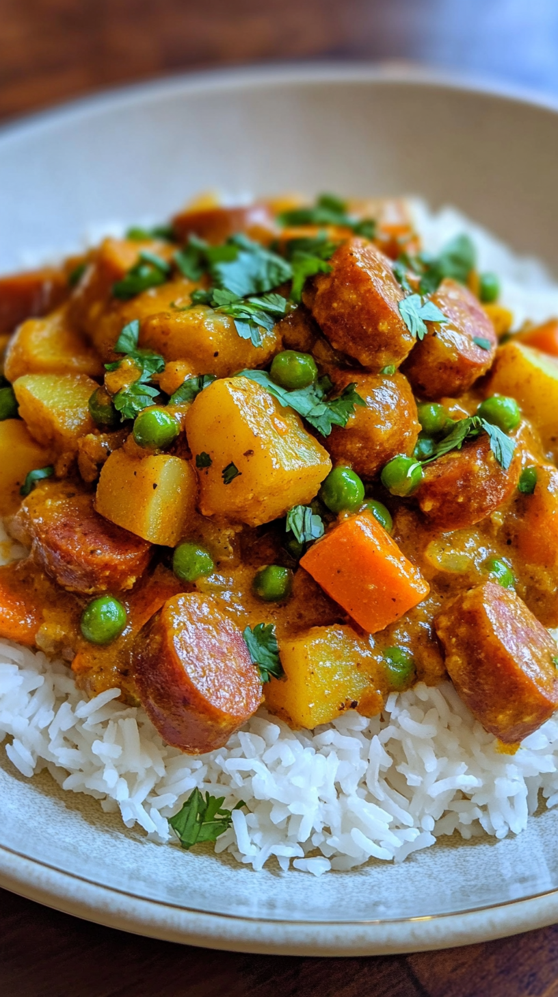 Spiced Curried Sausages with Coconut Chutney and Rice