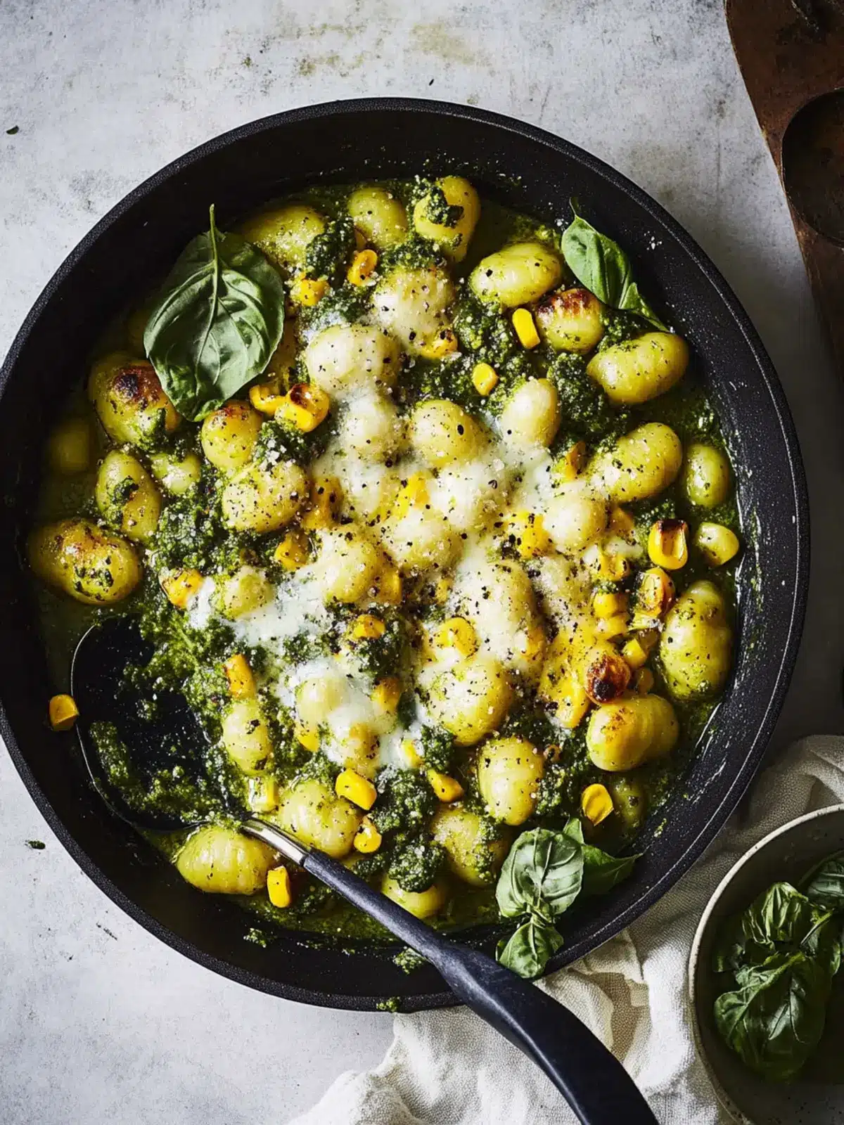 Cheesy Gnocchi with Corn and Basil Pesto