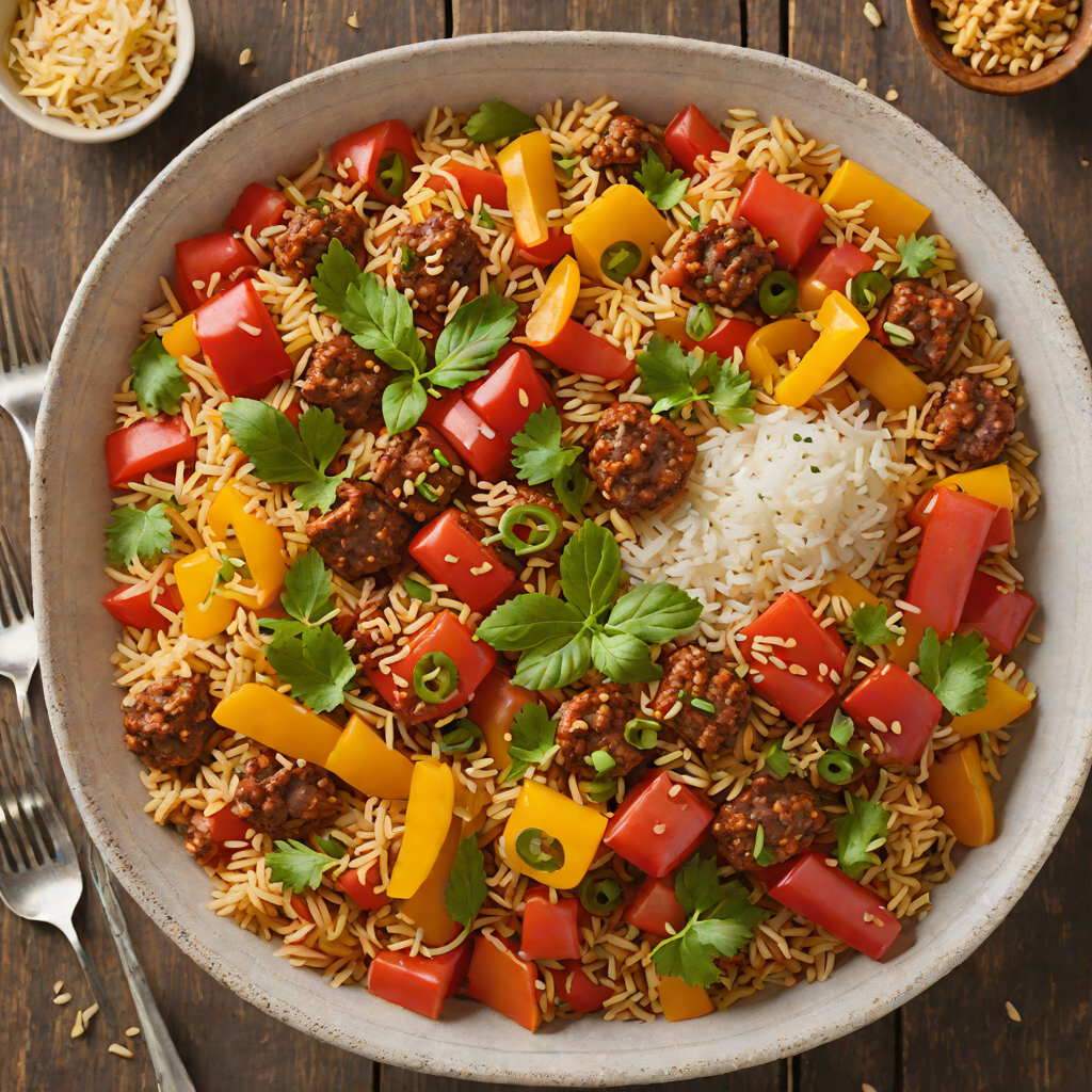 Sautéed Bell Pepper and Sausage Rice Bowl with Garlic Tomato Sauce