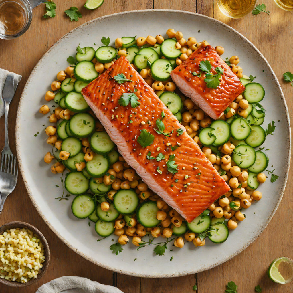 Harissa-Glazed Salmon with Chickpea and Cucumber Salad