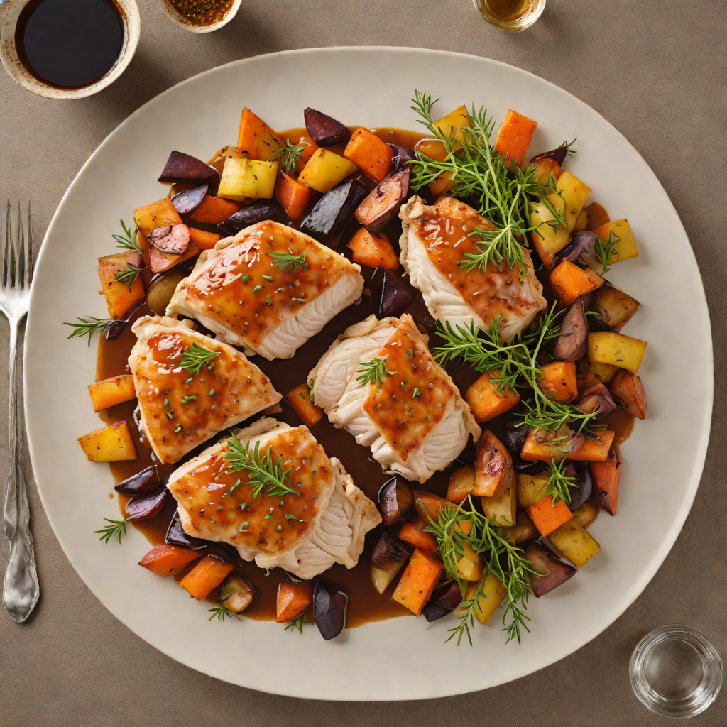 Pan-Seared Chicken with Roasted Root Vegetables and Thyme Jus