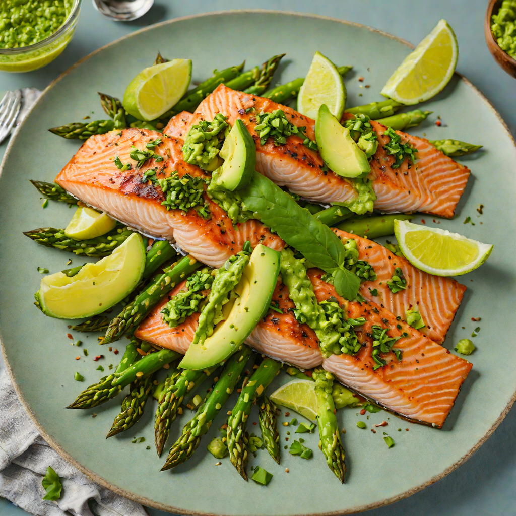 Pan-Seared Salmon with Avocado Pesto and Roasted Asparagus