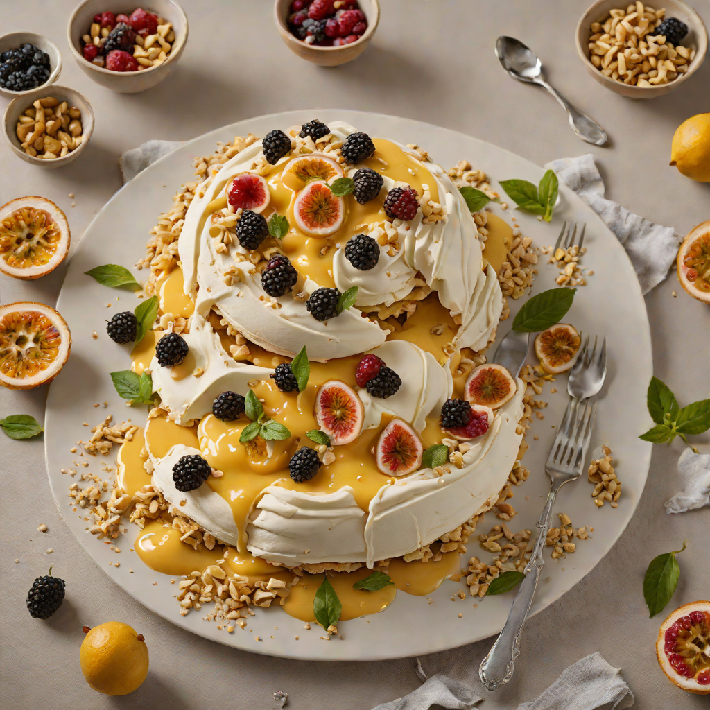 Pavlova with Passionfruit-Cream and Macadamia Crumble
