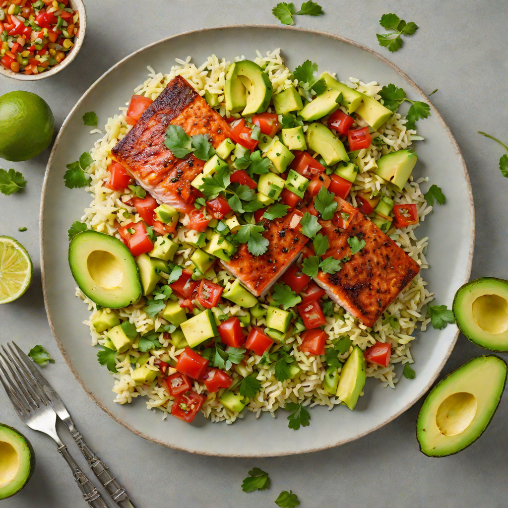 Pan-Roasted Salmon with Avocado-Tomato Salsa and Cilantro Lime Cauliflower Rice