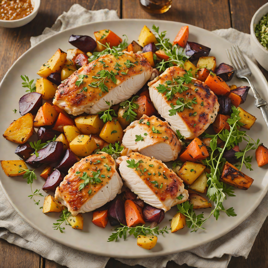 Pan-Seared Chicken with Roasted Root Vegetables and Garlic Herb Sauce