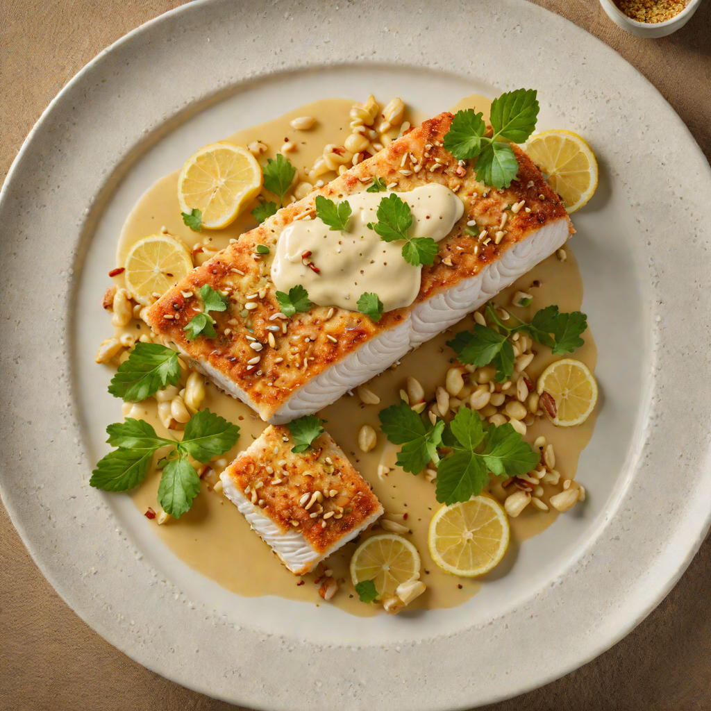 Barramundi Fillet Pan-Seared with Macadamia Nut Crust and Finger Lime Sauce