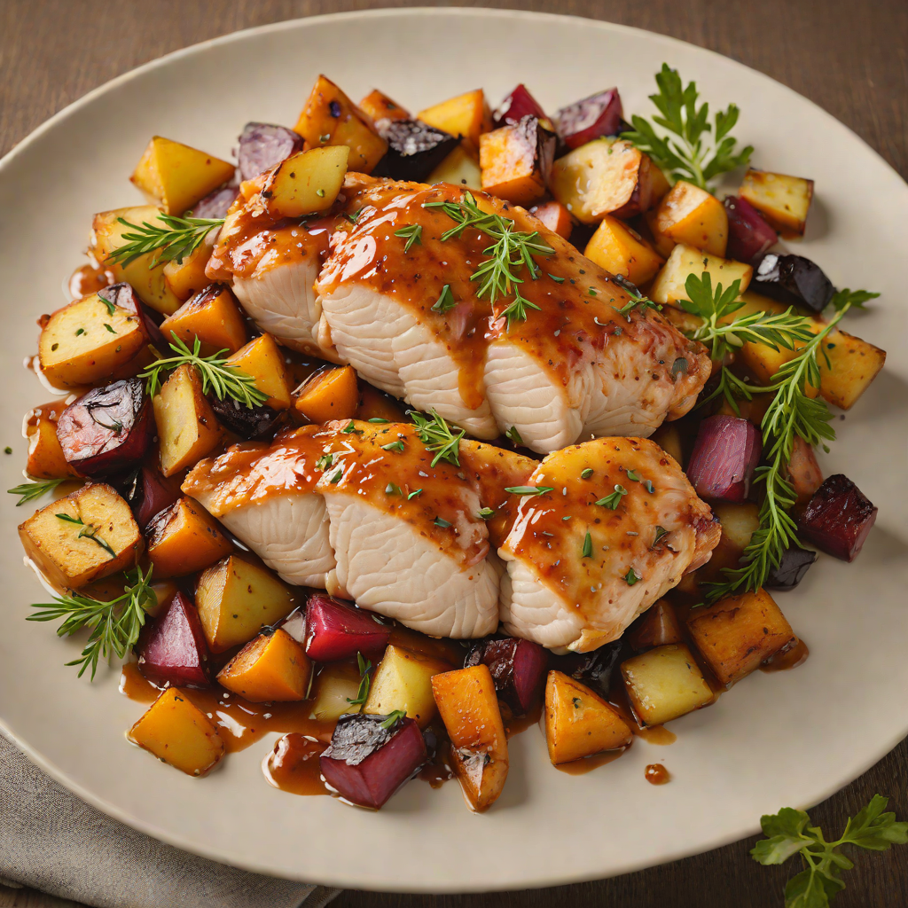 Pan-Seared Chicken with Roasted Root Vegetables and Apple Cider Reduction