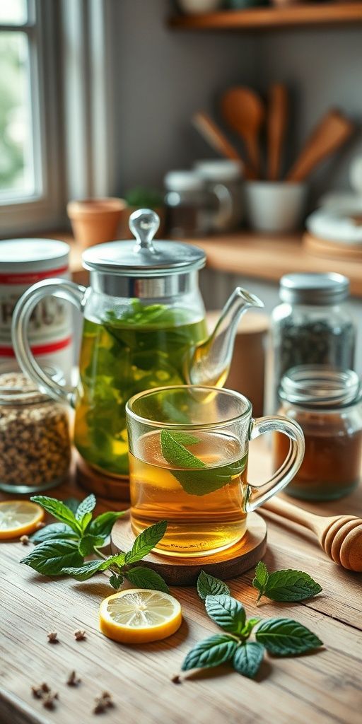 Herbal Green Tea Cocktail with Honey and Fresh Basil