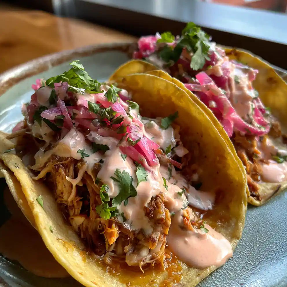 Pan-Seared Chicken Tacos with Avocado Crema and Pickled Red Onions