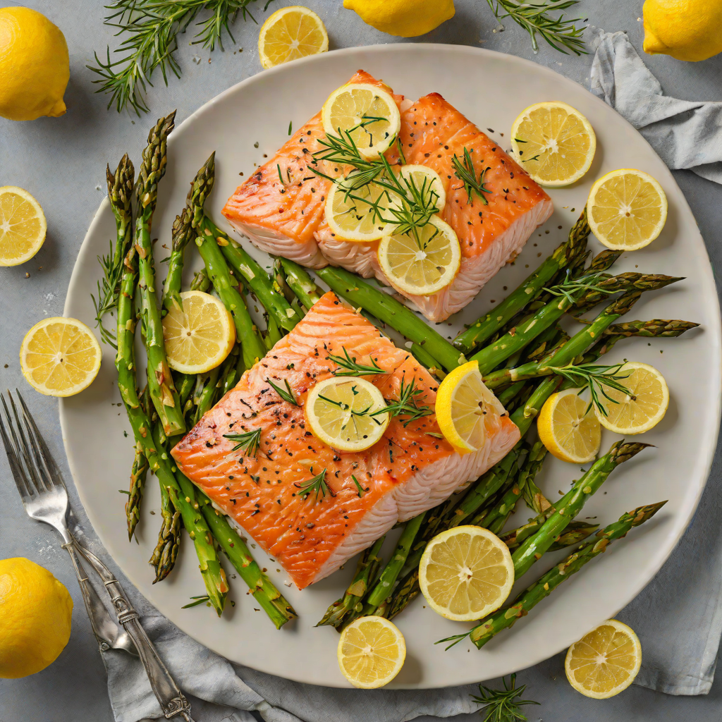 Baked Lemon-Rosemary Salmon with Garlic Roasted Asparagus