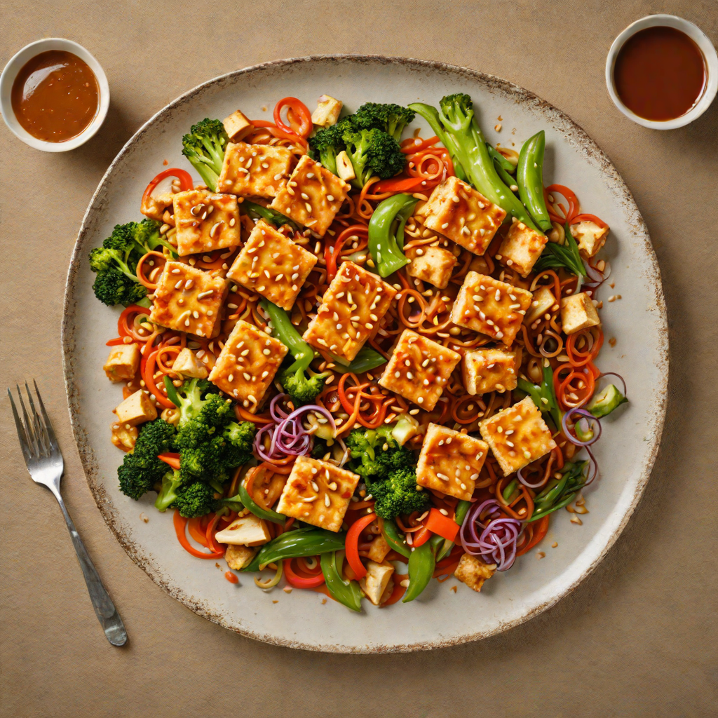 Pan-Fried Tofu with Spicy Peanut Sauce and Stir-Fried Vegetables