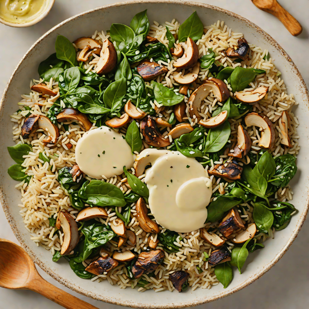 Sautéed Spinach and Mushroom Rice Bowl with Tahini Dressing