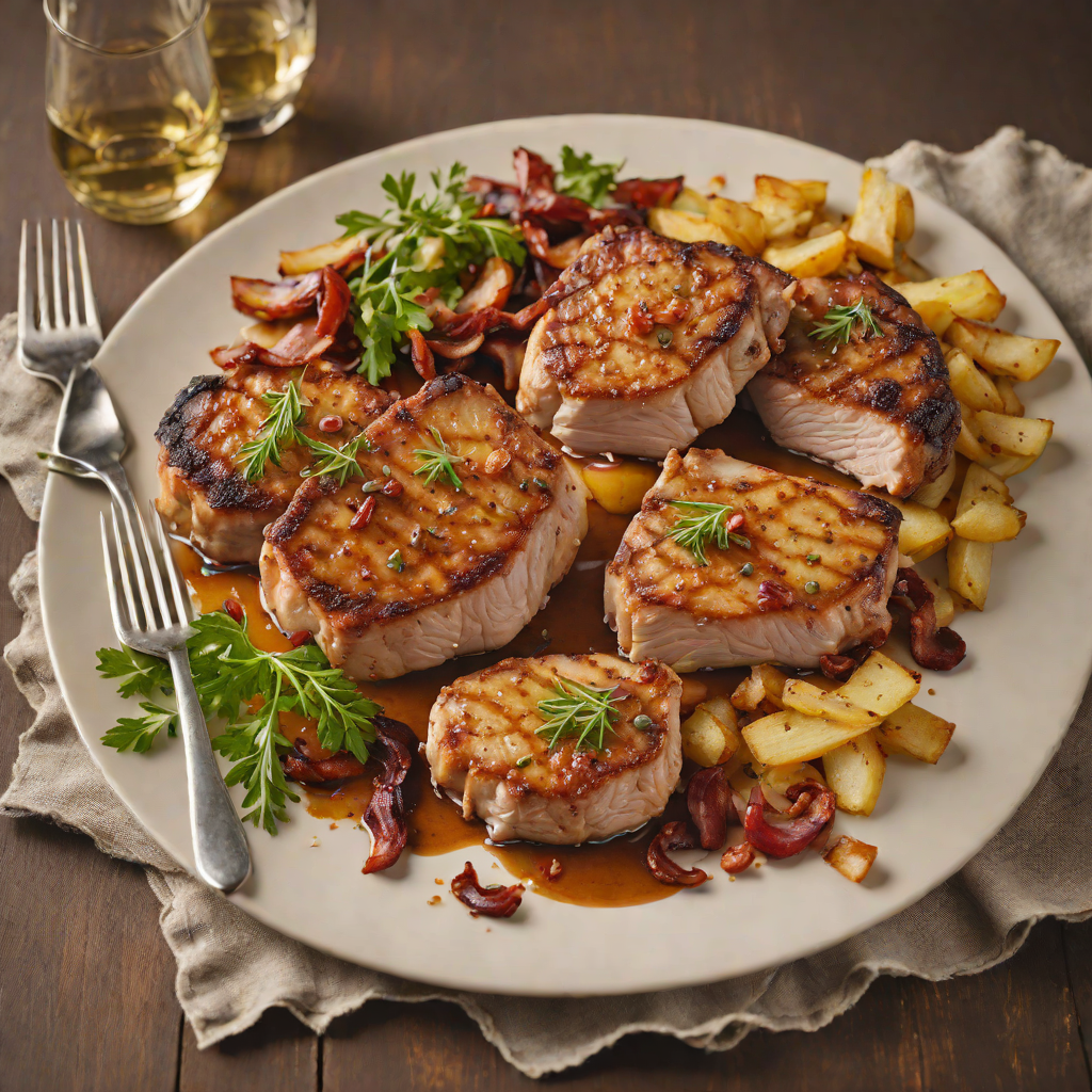 Pan-Seared Pork Chops with Applewood Smoked Bacon and Caramelized Onions