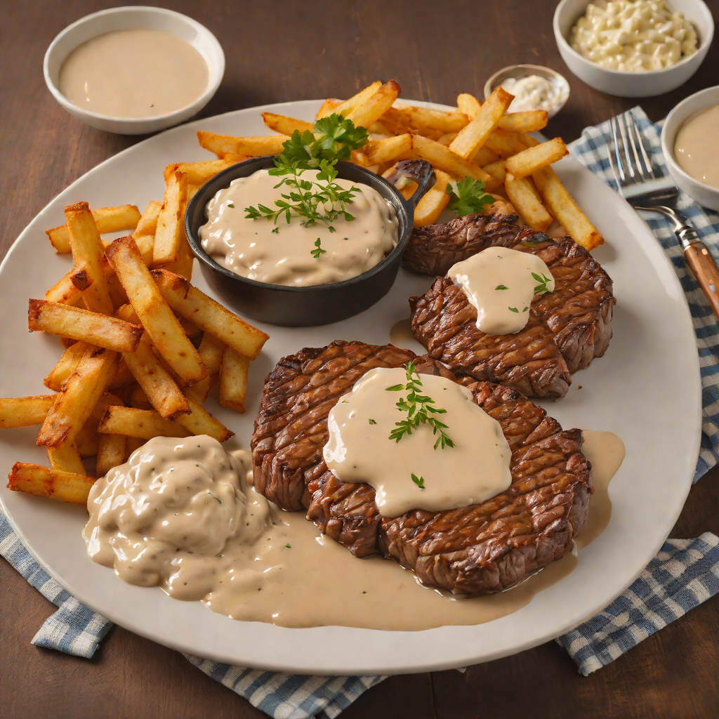 Skillet Angus Steak with Sausage Gravy and Hoe Fries