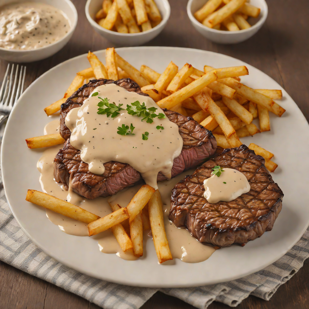 Pan-Seared Angus Steak with Sausage Gravy and Hoe Fries