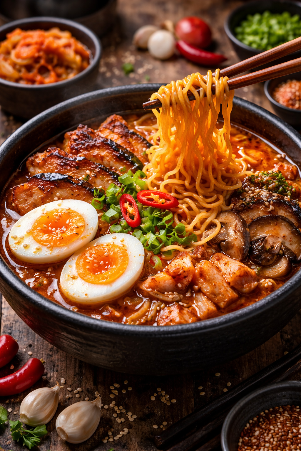 Spicy Yasakani-Inspired Ramen with Miso Broth and Soft-Boiled Egg