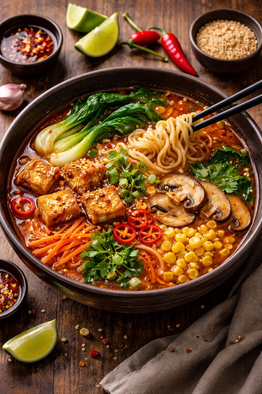 Stir-Fried Ramen Noodles with Spicy Sesame Tofu and Vegetables