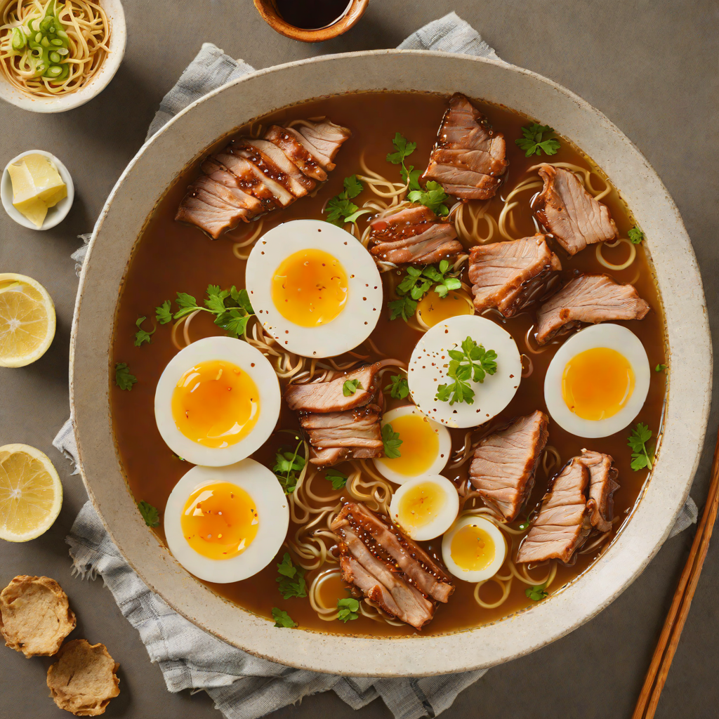 Ramen Broth Simmered with Grilled Pork and Soft-Boiled Egg