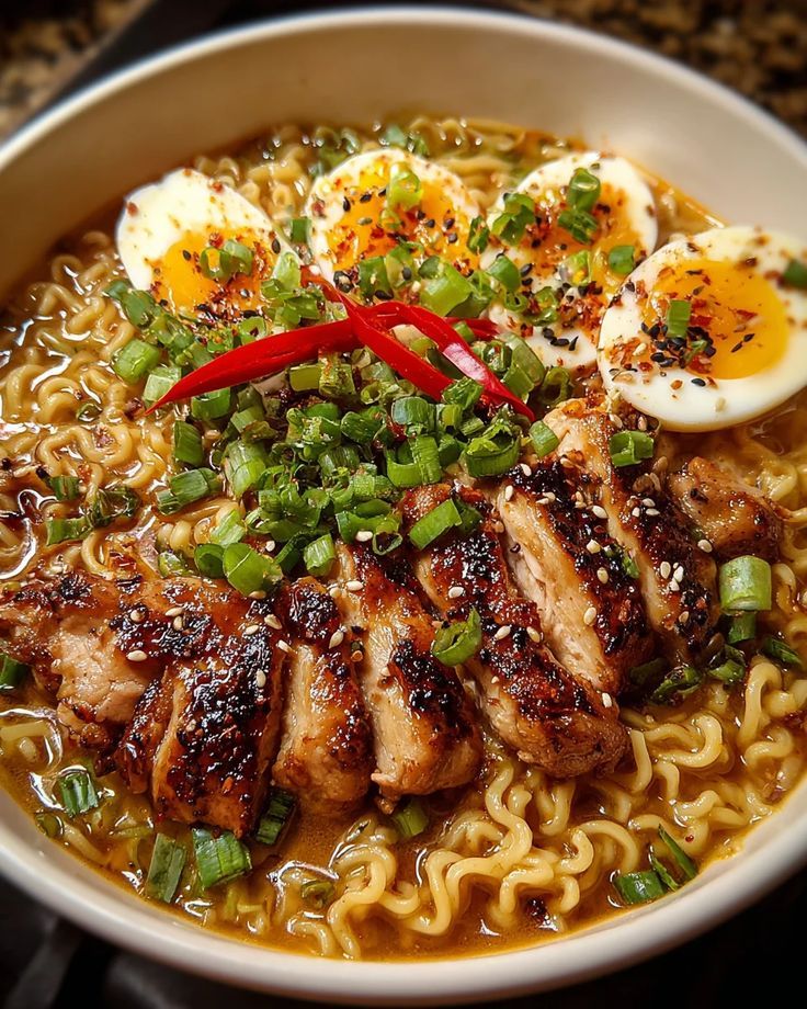 Sautéed Ramen Noodles with Spicy Sesame and Grilled Chicken