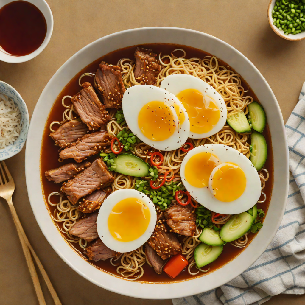 Soy-Miso Glazed Ramen with Spicy Pork and Soft-Boiled Egg