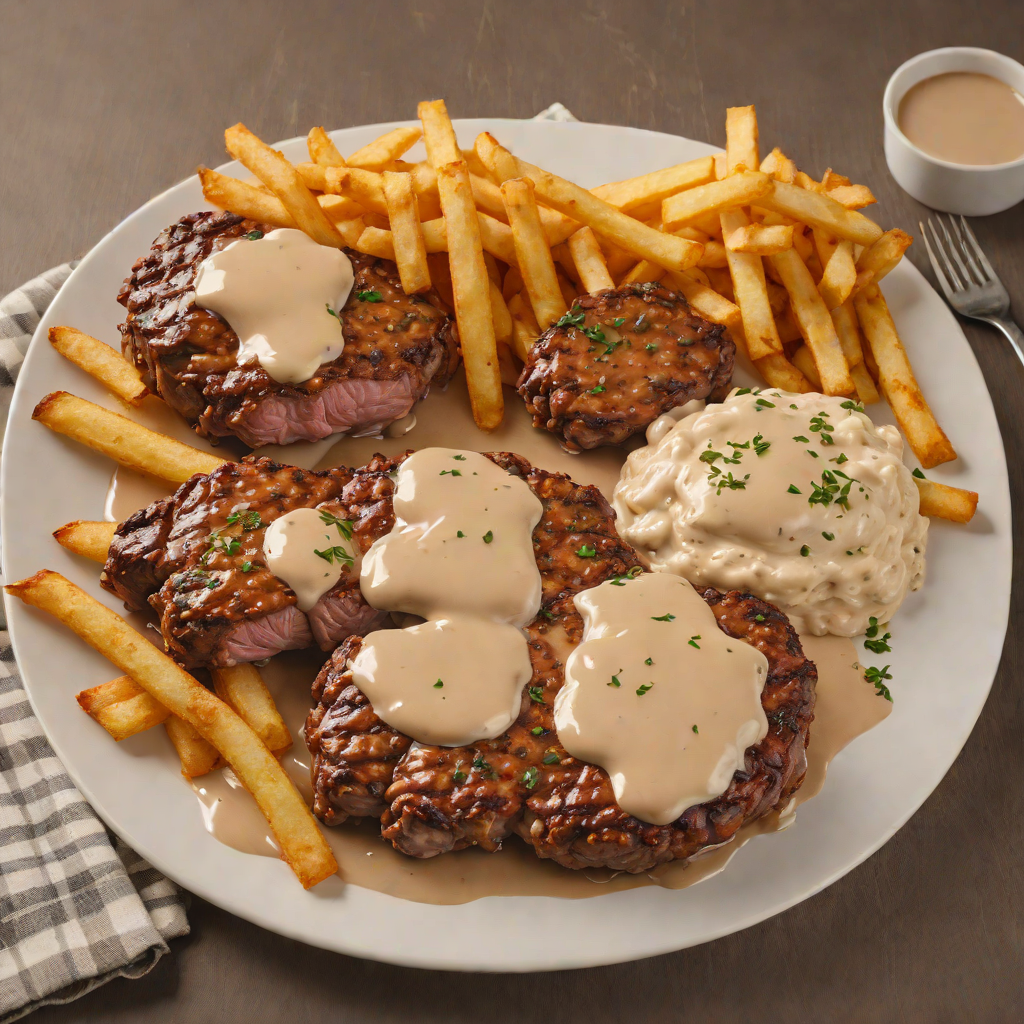 Fried Angus Steak with Sausage Gravy and Hoe Fries