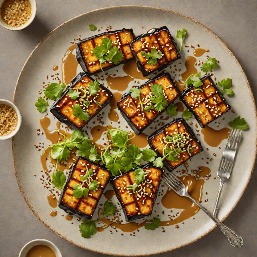 Crisp Pan-Seared Eggplant with Miso-Glazed Tofu and Sesame Dressing