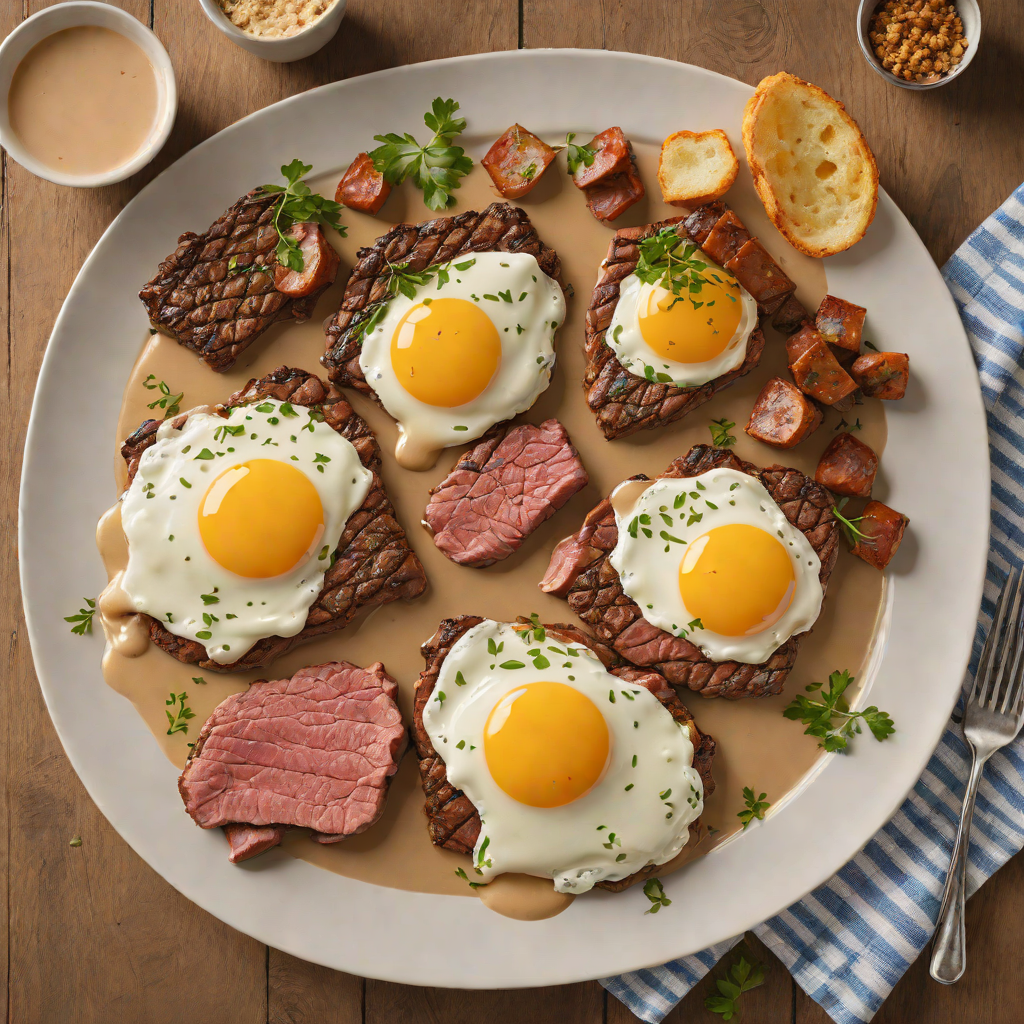 Pan-Seared Angus Steak with Sausage Gravy and Fried Eggs