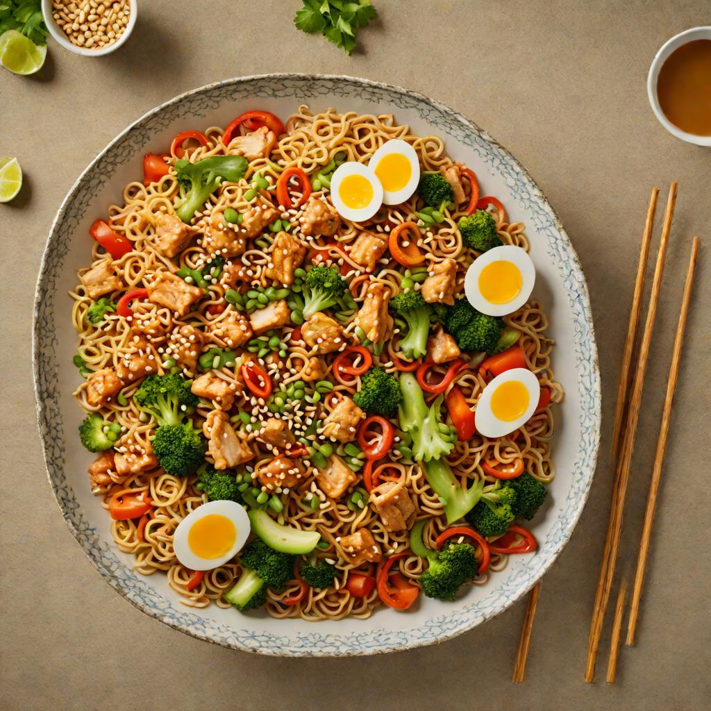 Stir-Fried Ramen with Sesame-Ginger Chicken and Vegetables