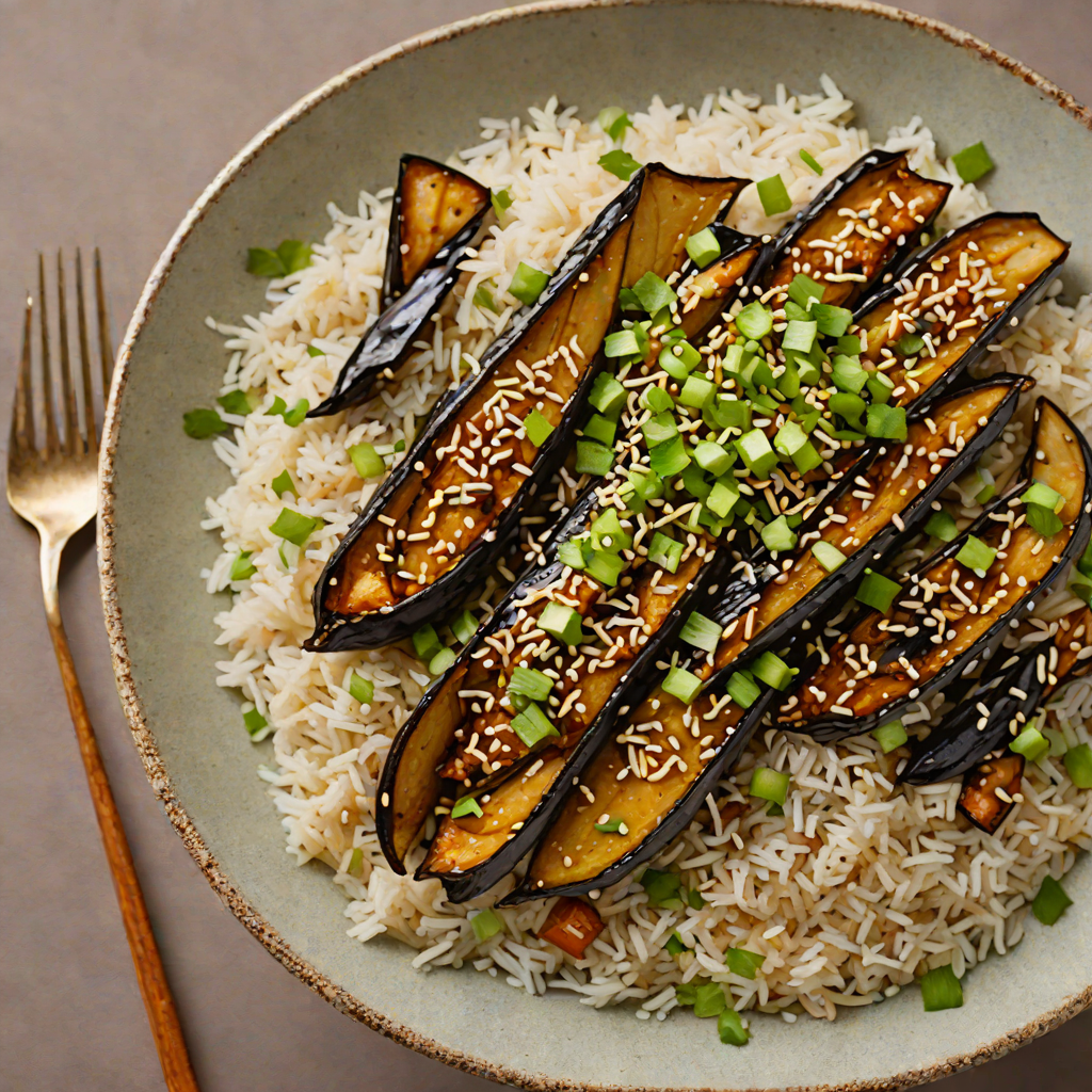 Miso-Glazed Eggplant with Scallion and Sesame Rice Bowl