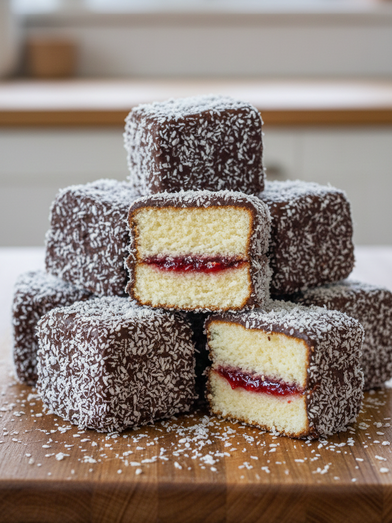 Traditional Lamington Cake Cubes with Chocolate and Coconut