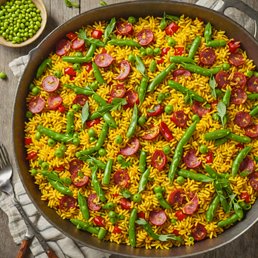 Saffron and Chorizo Paella with Green Beans and Peas