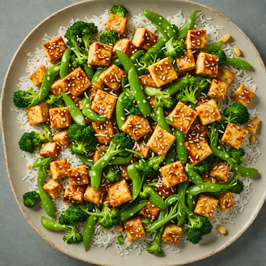 Garlic-Sesame Stir Fried Tofu with Broccoli and Snow Peas