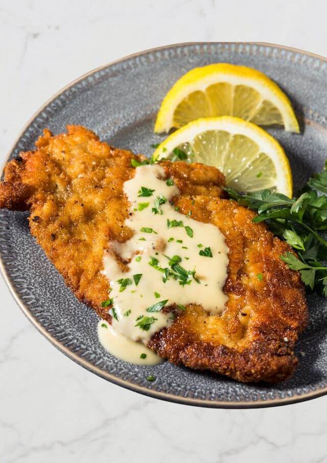 Parmesan-Crusted Chicken Schnitzel with Lemon Butter Sauce