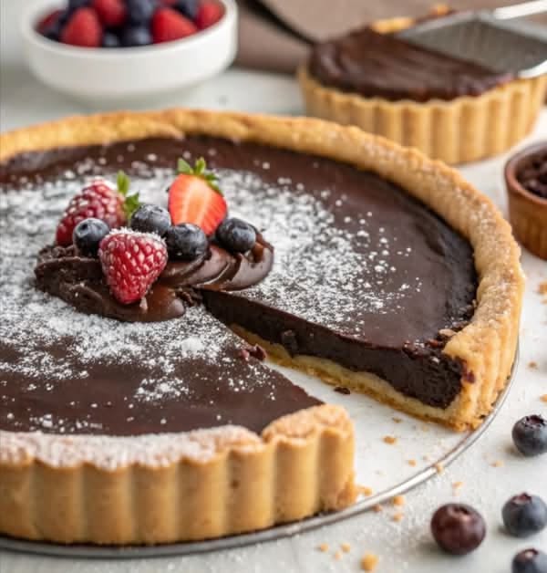Macadamia and Dark Chocolate Tart with Berry Compote