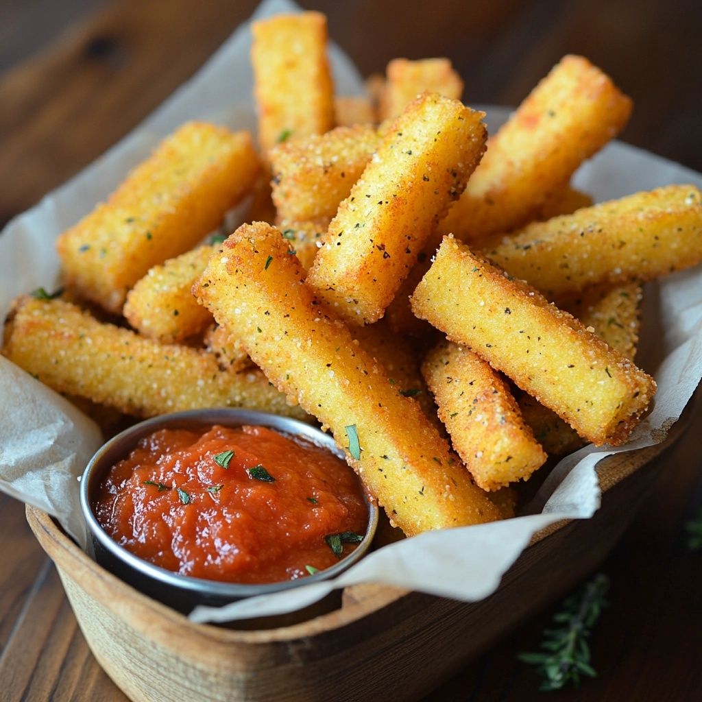 Crispy Baked Polenta Fries with Spicy Marinara Dip