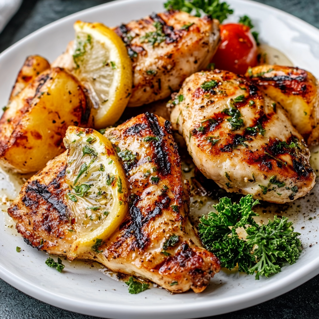 Lemon-Garlic Grilled Chicken with Charred Corn and Tomato Salad