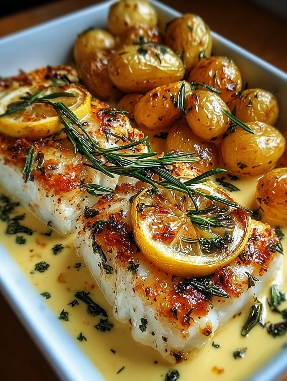 Baked Lemon-Rosemary Cod with Garlic Roasted Potatoes