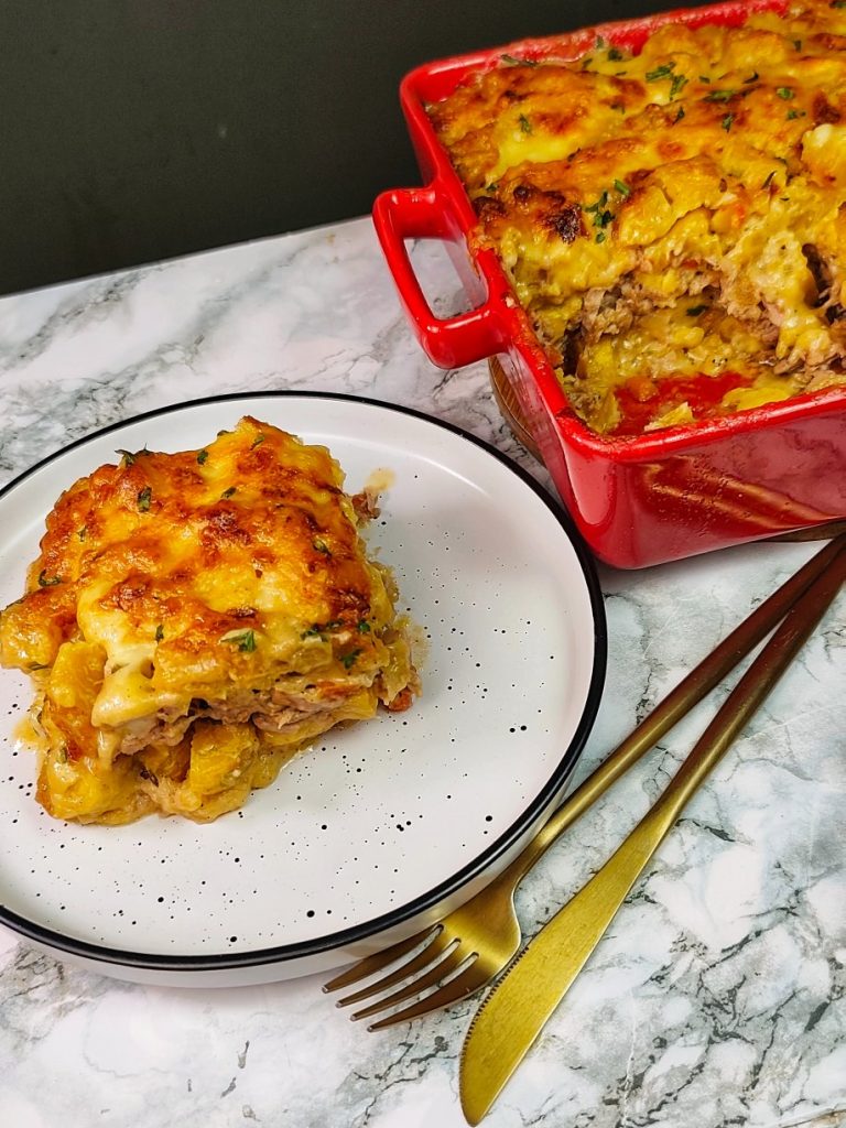 Baked Plantain and Saltfish Pie with Caribbean Flavors