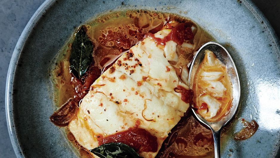 Poached Cod in Tomato and Olive Broth