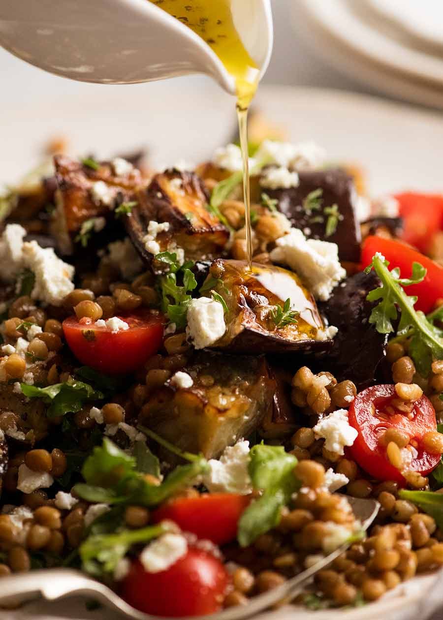 Roasted Eggplant and Lentil Salad with Tahini Dressing