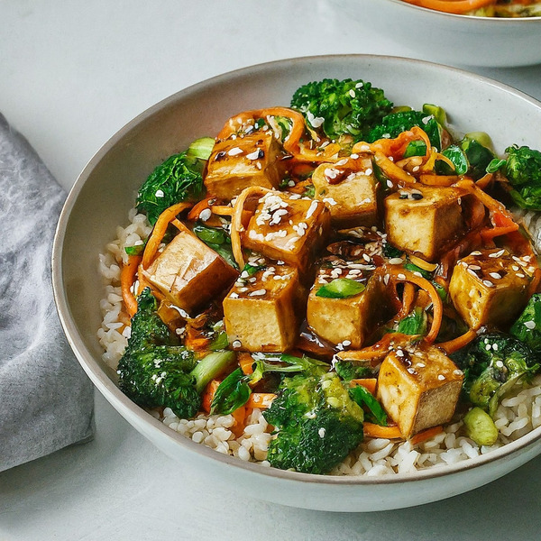 Quick Teriyaki Tofu and Rice Bowl with Vegetables